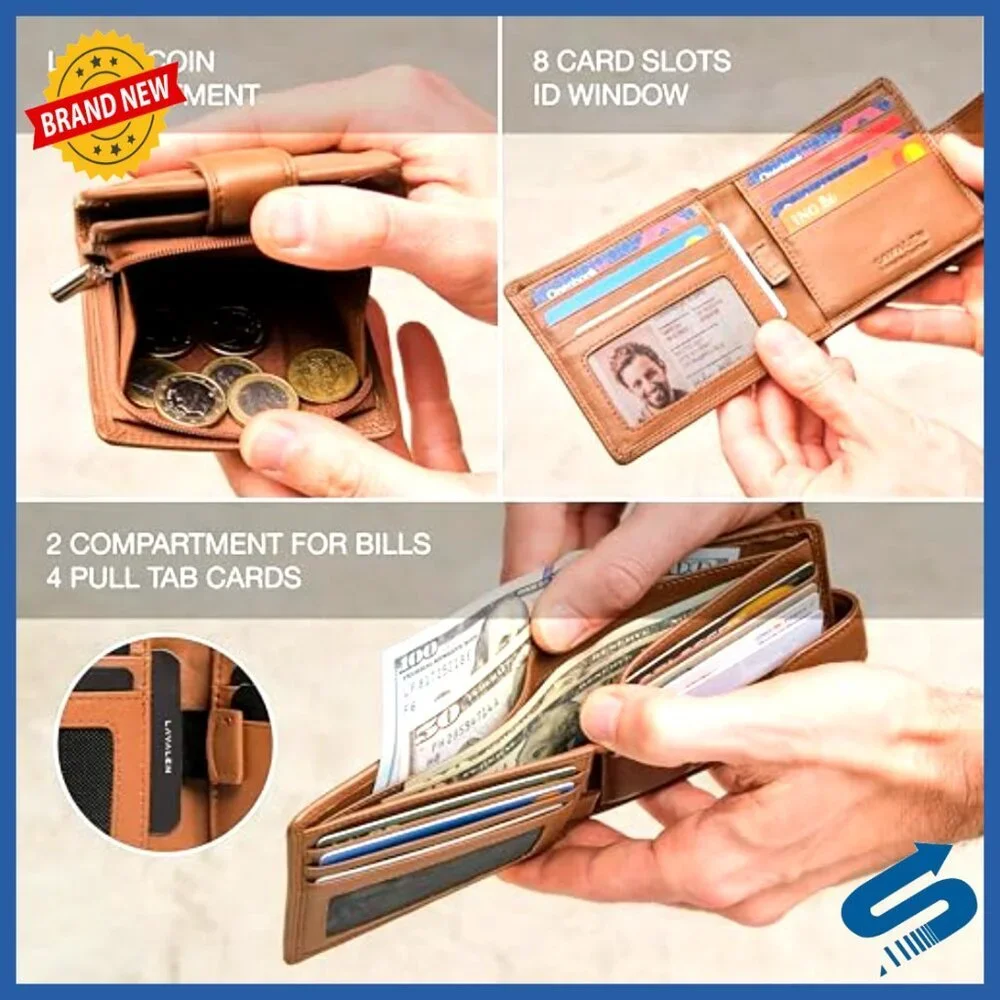 Men's Soft Leather Bifold Wallet with RFID Blocking and Coin Pocket